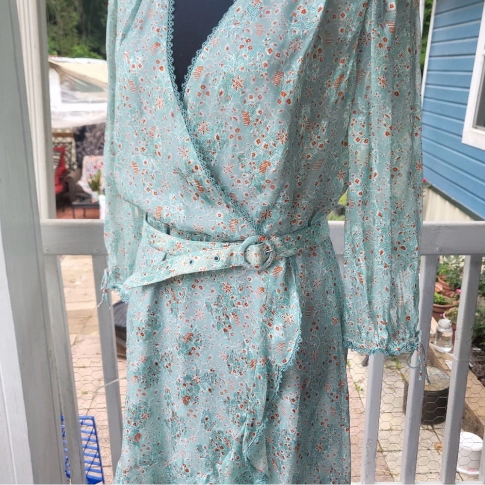 Jonathan Simkhai Mint Floral Asymmetrical Wrap Dress with Belt